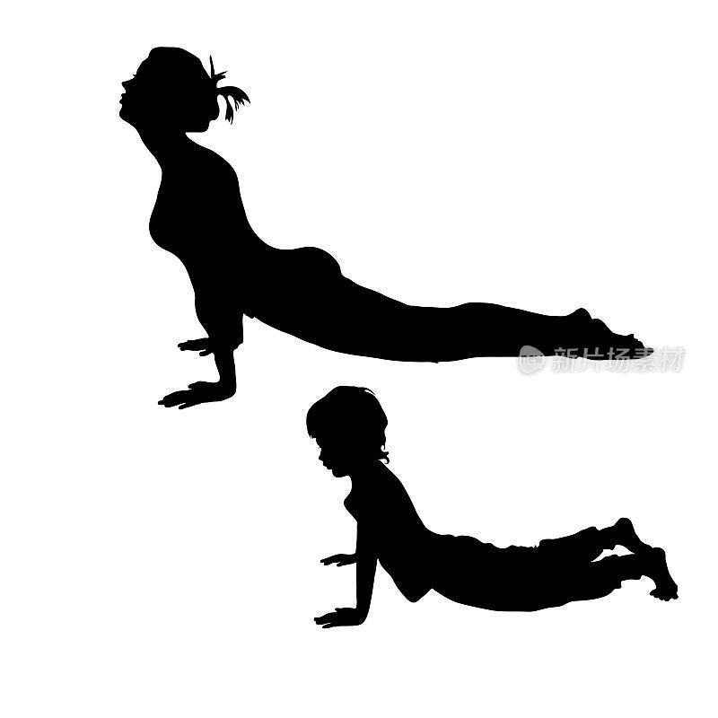 向上狗式。Urdhva mukha svanasana瑜伽。矢量剪影妇女和儿童孤立的白色背景。妈妈和儿子在做瑜伽。这个女孩俯卧着，背部弯着。